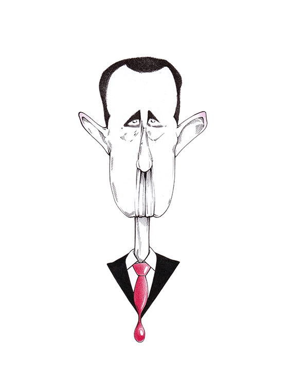 Karikatur des syrischen Diktators Baschar al-Assad mit Pofalte im Gesicht: Assad im Arsch