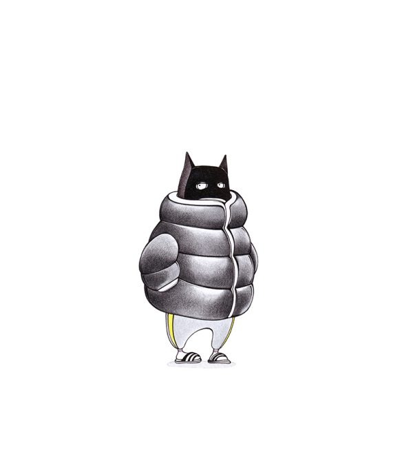 Batman in Jogginghosen und Adiletten - fest eingepackt in eine dicke Daunenjacke. Illustration "Help is not coming" von Julian Opitz.