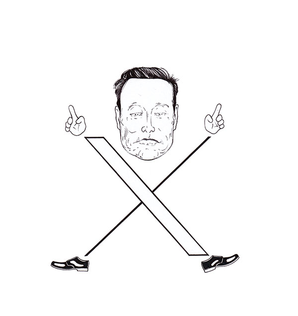 Elon Musk als Jumping Jack mit einem X als Körper: "Personality Disorder Multiplied by X"