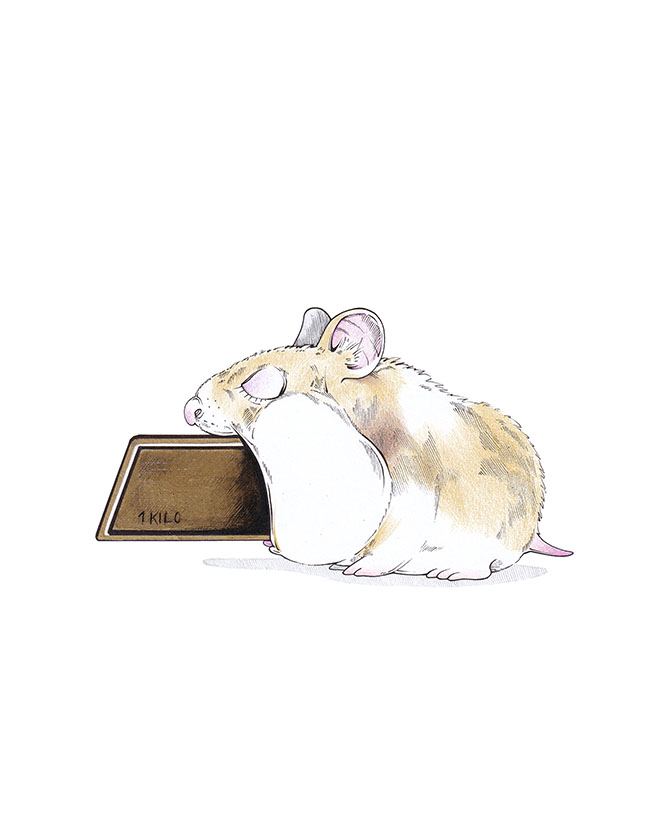 Ein Hamster verschlingt einen großen Goldbarren. Illustration "Goldhamster" von Julian Opitz.