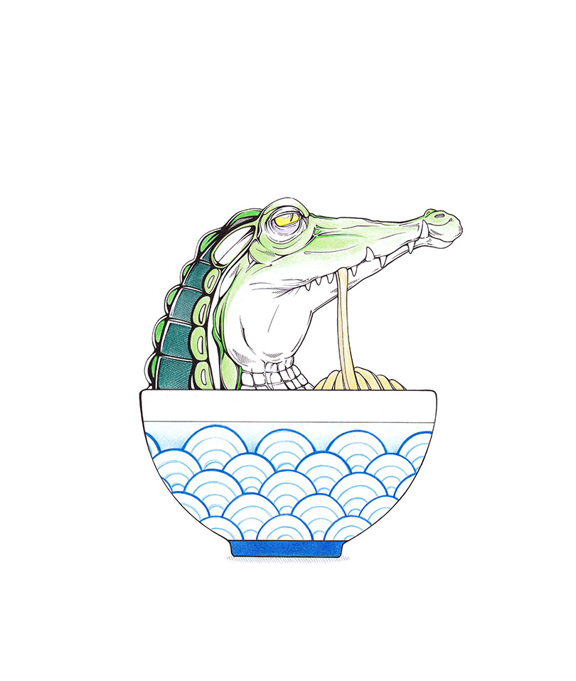 Krokodil in einer Schale japanischer Ramen-Nudeln: Illustration "Ramen Snapper".