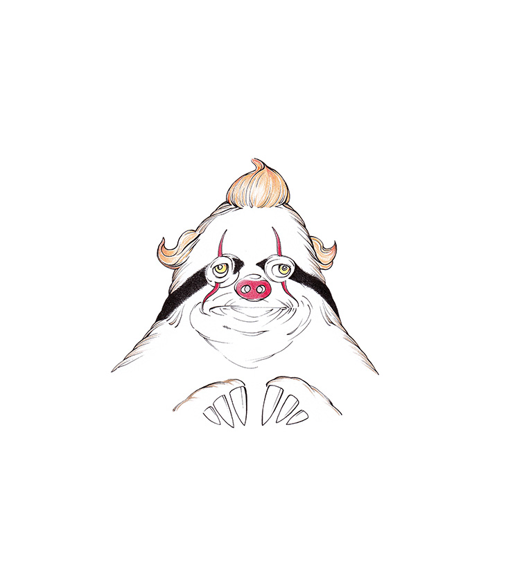 Faultier mit der Gesichtsbemalung des Horrorclowns Pennywise aus Stevn Kings "Es". Illustration "faul und böse" von Julian Opitz.