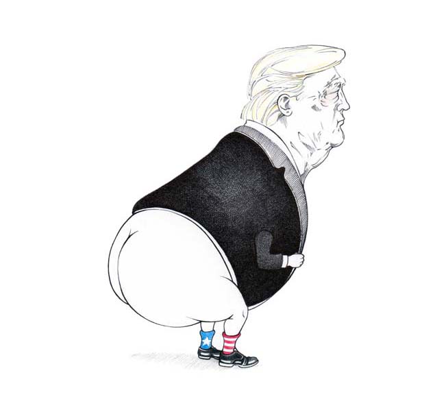 Politische Karikatur von Donald Trump mit entblößtem Hinterteil