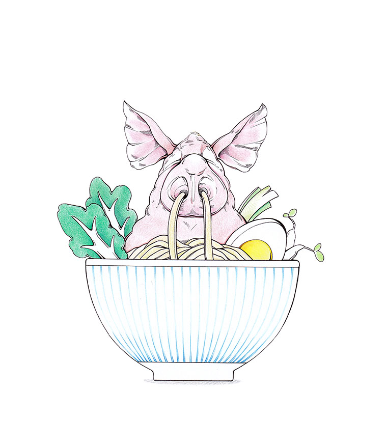 Ein Schwein sitzt in einer Ramen-Suppen-Schale. Illustration "Ramen-Ferkel".