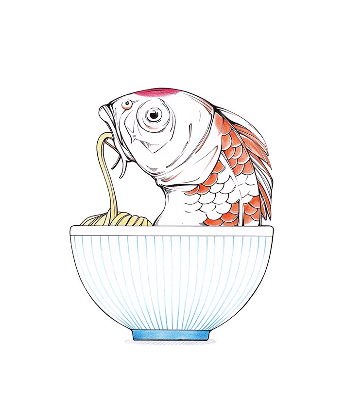 Illustration eines japanischen Kois in der Ramen-Schale