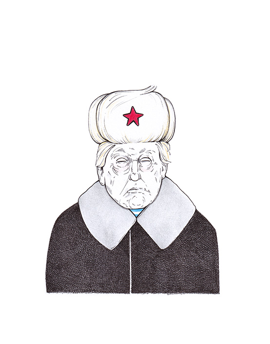 Russland-Genosse Donald Trump mit einer zur sowjetischen Fellmütze geformten Haartolle. Politische Karikatur "Genosse Trump" von Julian Opitz.