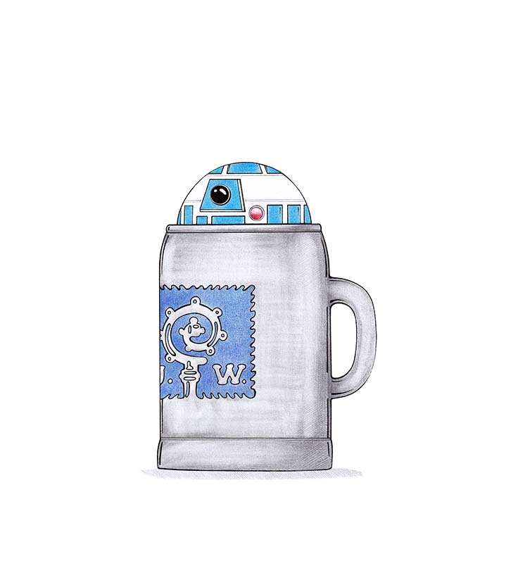 R2-D2 sitzt in einem Bierkrug
