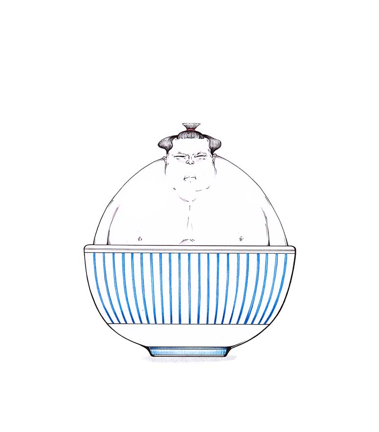 Japanischer Sumo-Ringer in japanischer Suppenschale